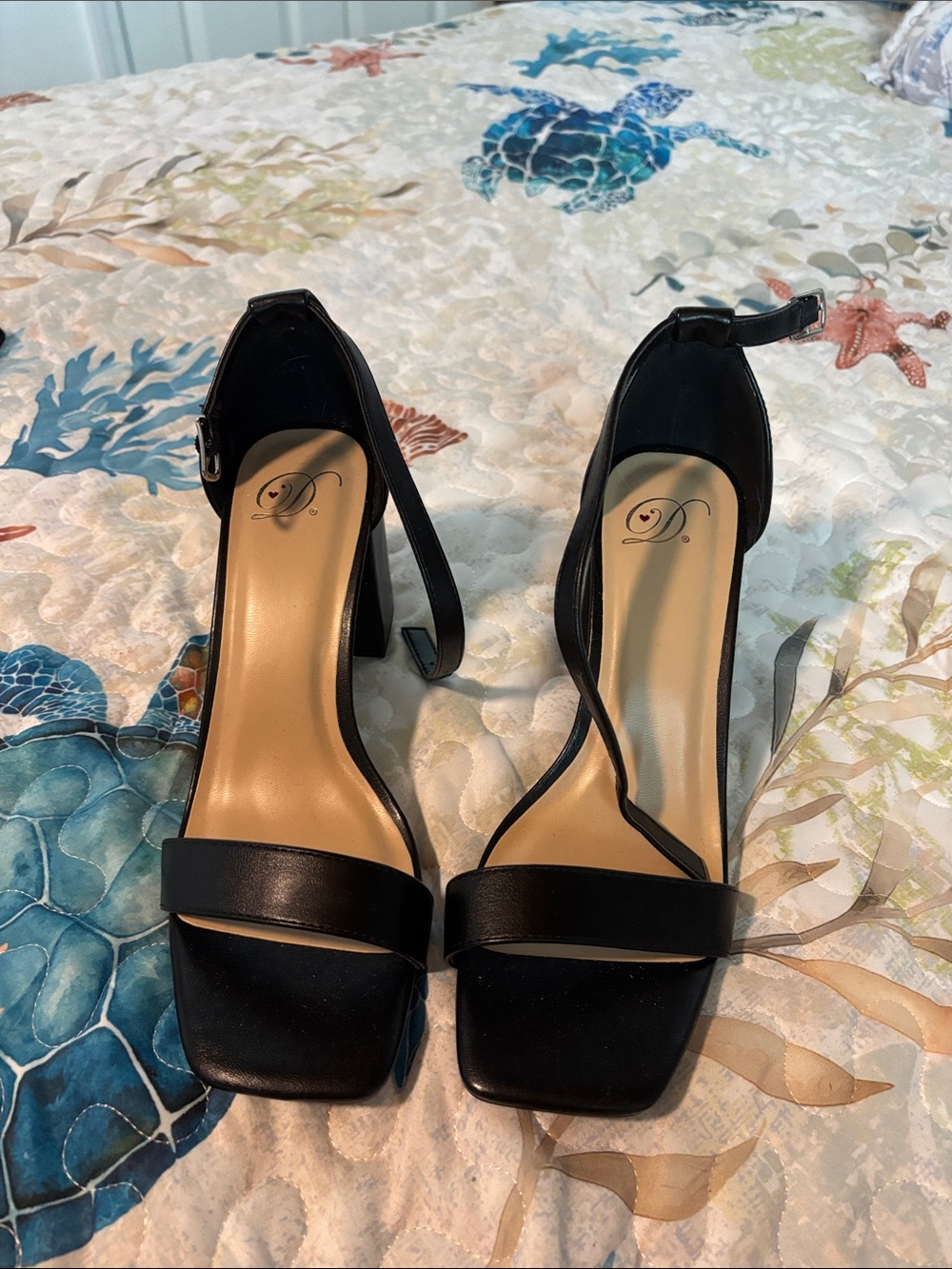 Delicious Black Ankle-Strap Square-Toe Block Heels